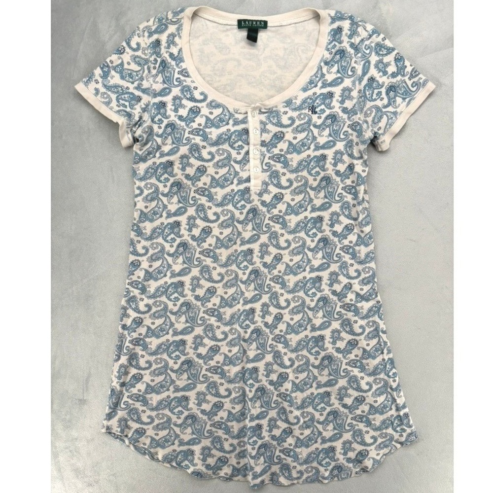 Lauren Ralph Lauren Sleep Shirt Womens M Blue Paisley Cotton Henley Nightshirt